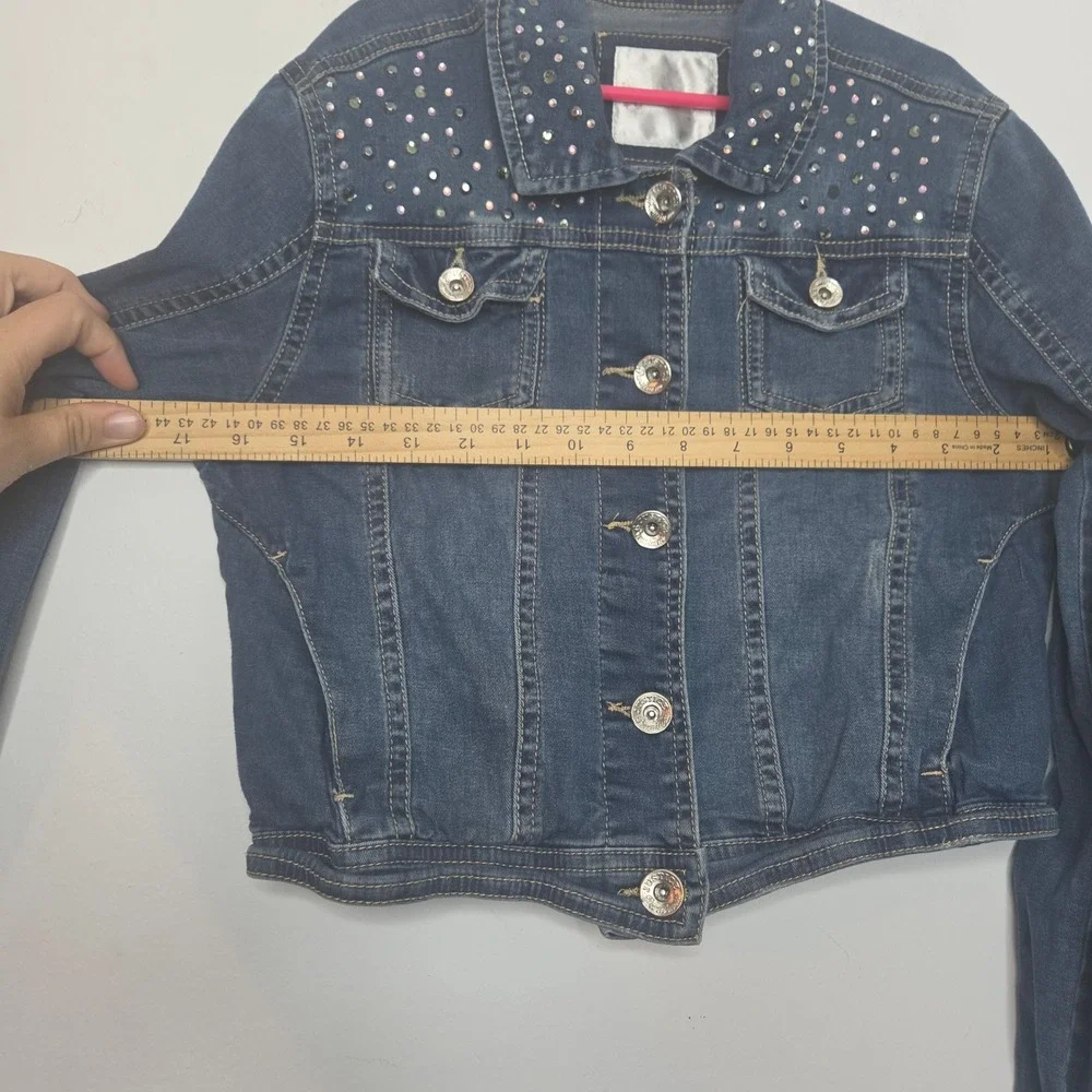 Justice Girls Blue Denim Cropped Jacket Rhinestone Embellished Size 12